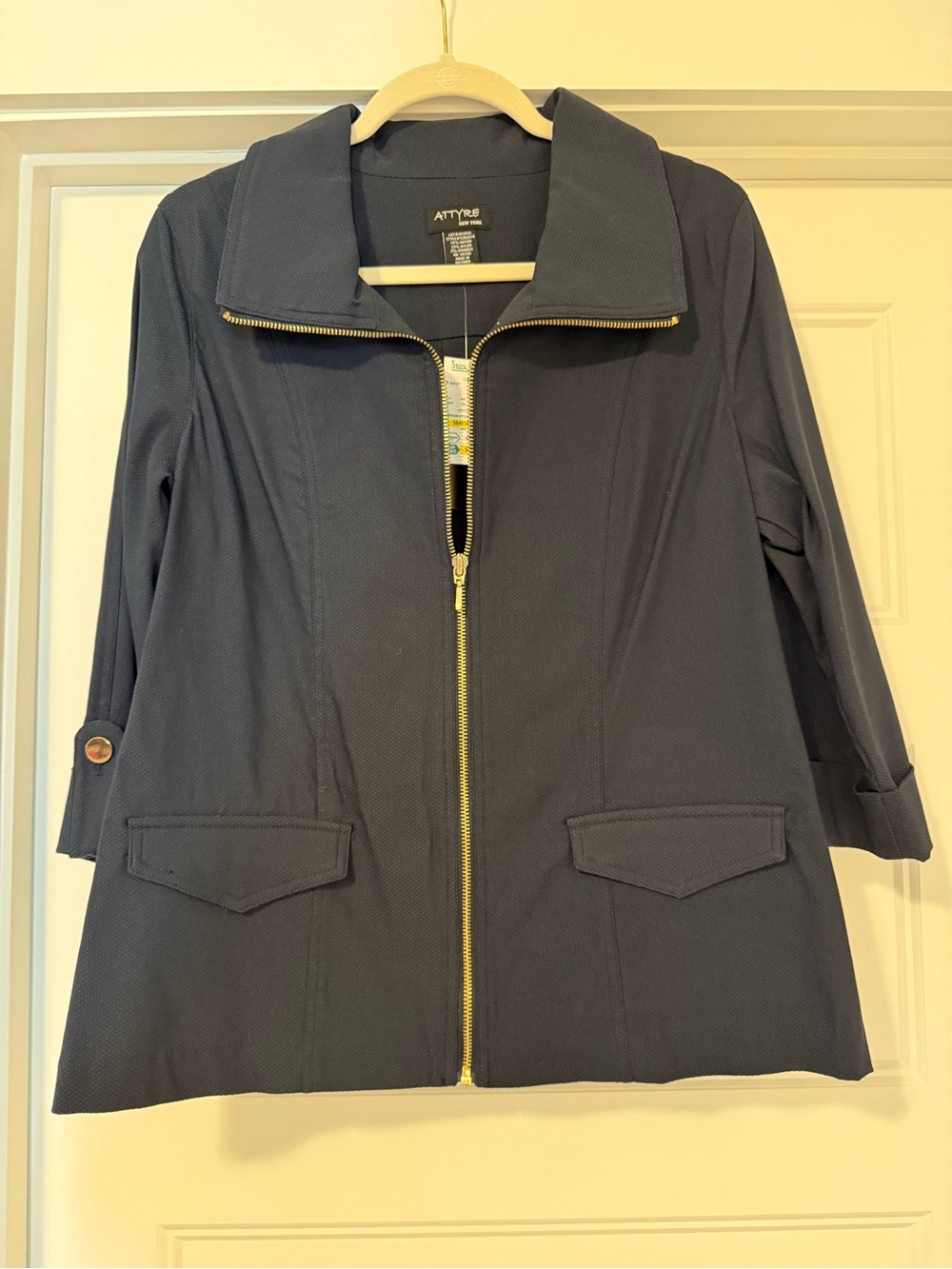 Attyre Dark Navy Zip-Front Utility Jacket with Gold Hardware
